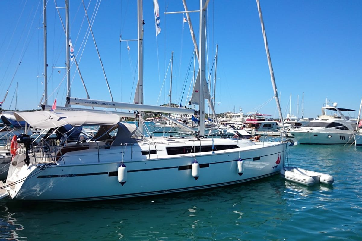 Exterior view of MH 49, a Bavaria Cruiser 46 sailboat at Murter, Croatia
