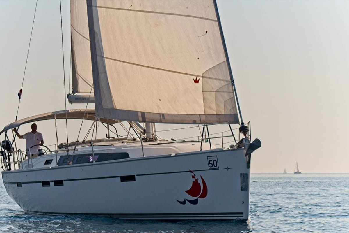 Exterior view of MH 49, a Bavaria Cruiser 46 sailboat at Murter, Croatia