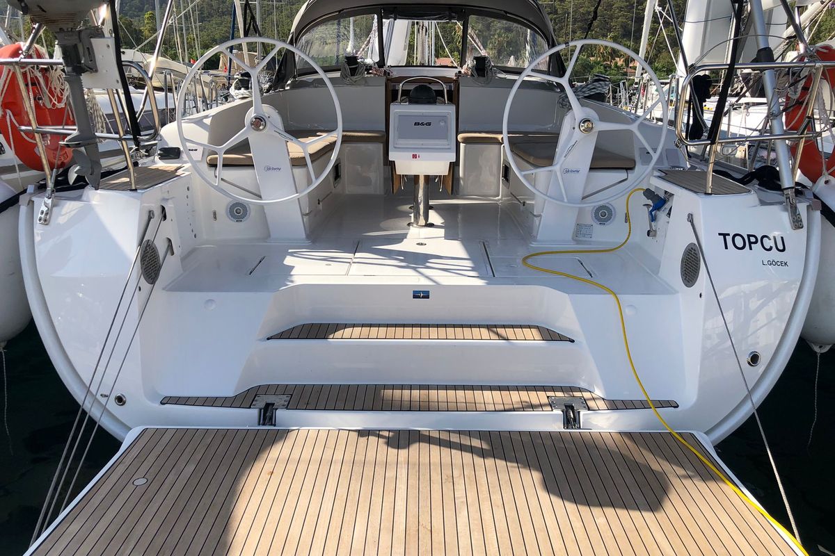 Cockpit of Topcu, a Bavaria Cruiser 46 sailboat at Fethiye, Turkey