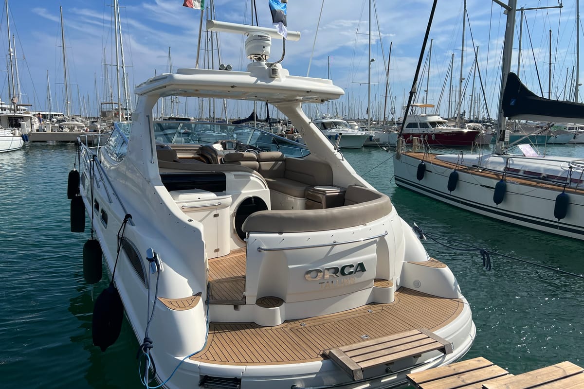 Exterior view of Orca, a Sealine S 42 motorboat at Imperia, Italy
