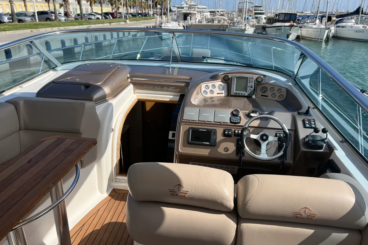 Cockpit of Orca, a Sealine S 42 motorboat at Imperia, Italy