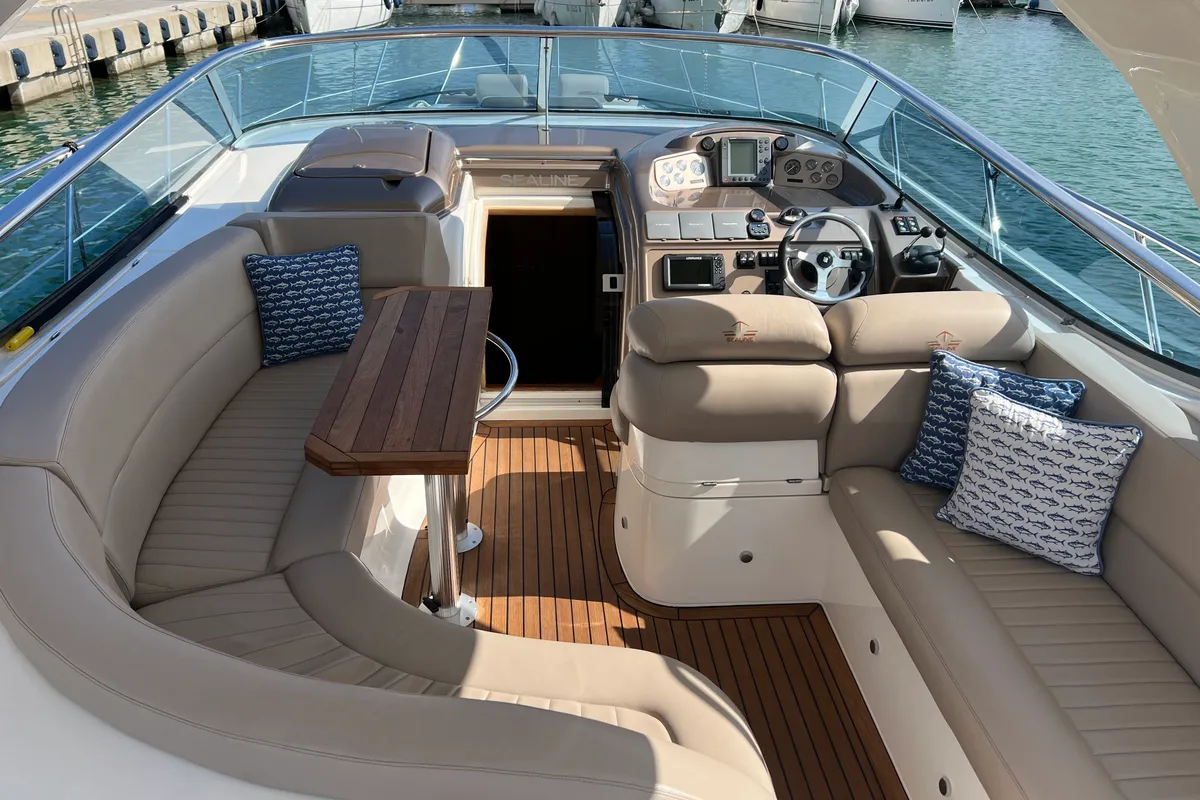 Deck of Orca, a Sealine S 42 motorboat at Imperia, Italy