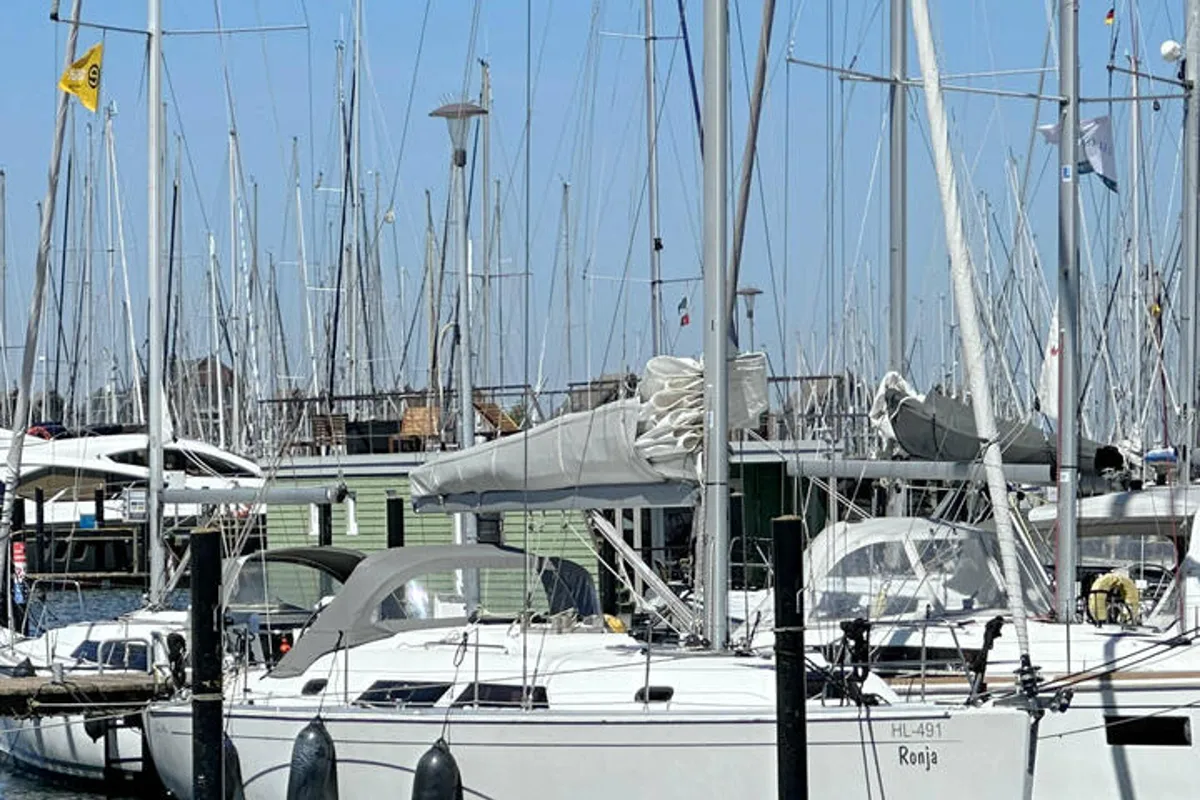 Exterior view of Ronja, a Hanse Yachts Hanse 370 sailboat at Barth, Germany
