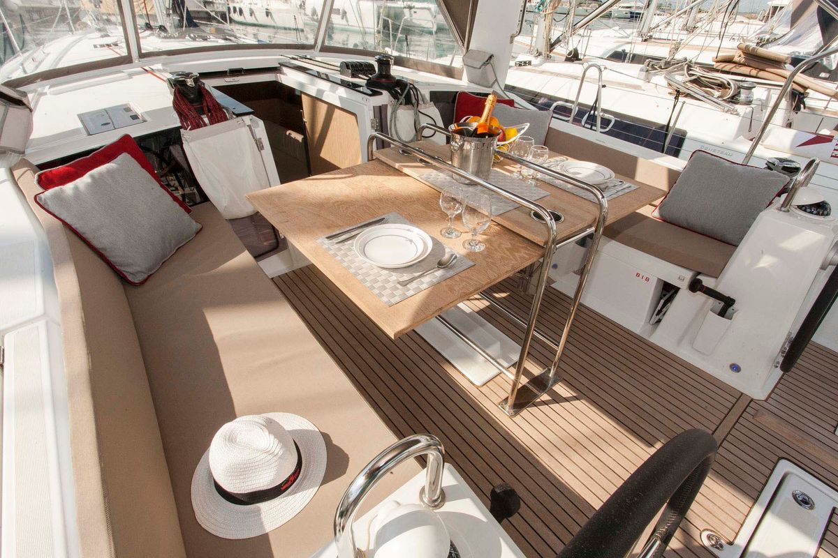 Cockpit of Rose Royce, a Beneteau Oceanis 41.1 sailboat at Municipal Unit of Lefkada, Greece