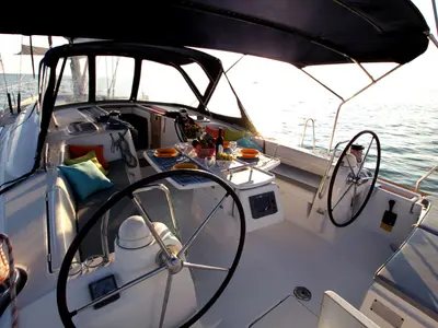 Cockpit of Inspiration, a Beneteau Oceanis 54 sailboat at Athens, Greece