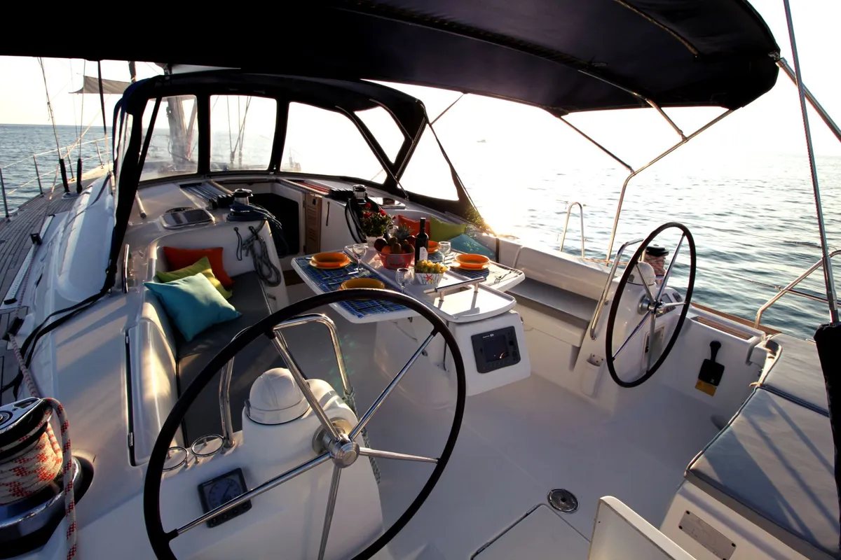 Cockpit of Inspiration, a Beneteau Oceanis 54 sailboat at Athens, Greece