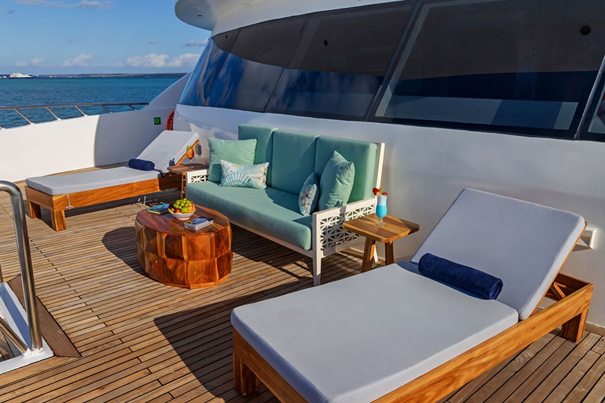 Deck of Endemic, a Gulet Power Catamaran catamaran at Baltra, Ecuador