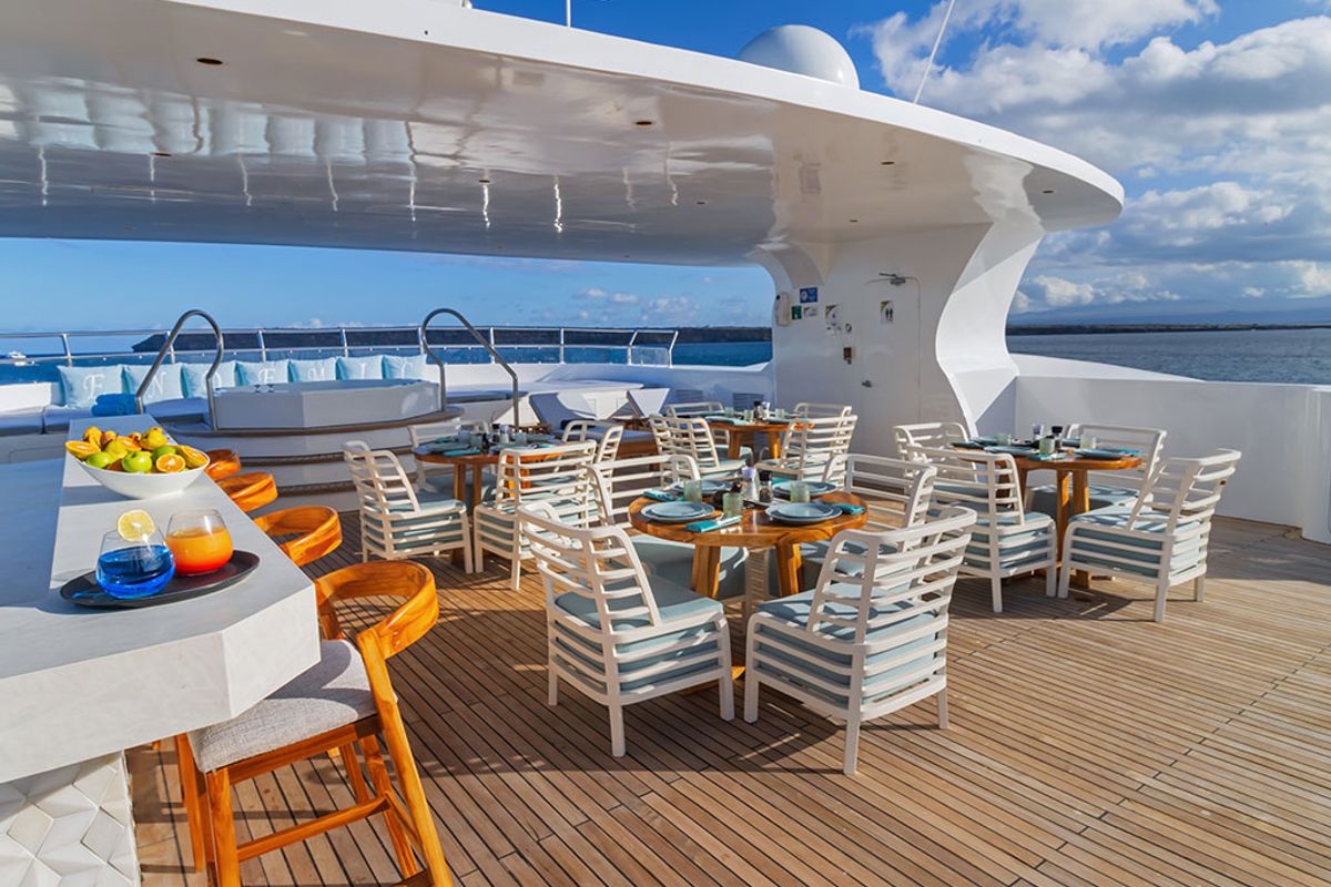 Deck of Endemic, a Gulet Power Catamaran catamaran at Baltra, Ecuador
