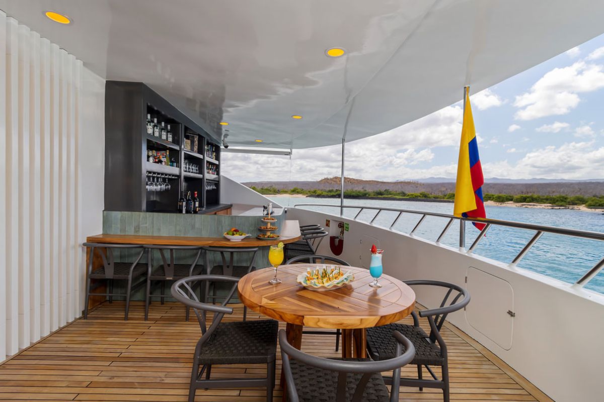 Deck of Endemic, a Gulet Power Catamaran catamaran at Baltra, Ecuador