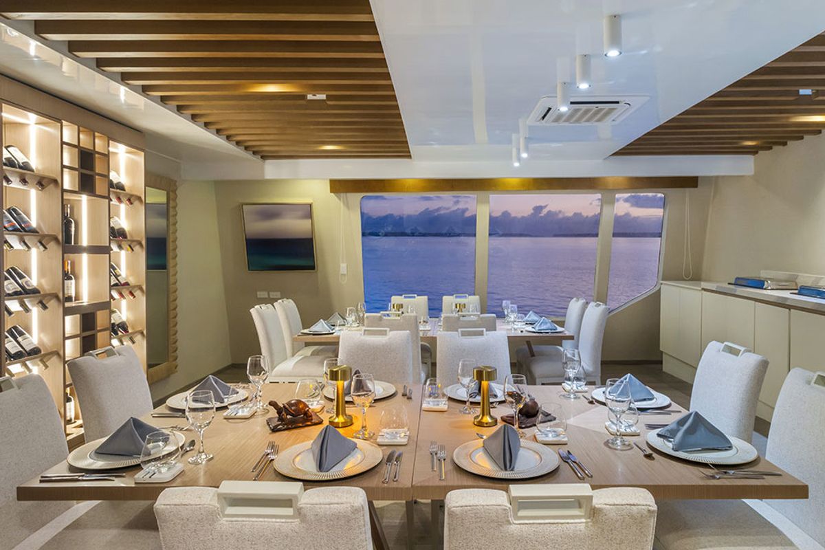 Salon of Endemic, a Gulet Power Catamaran catamaran at Baltra, Ecuador