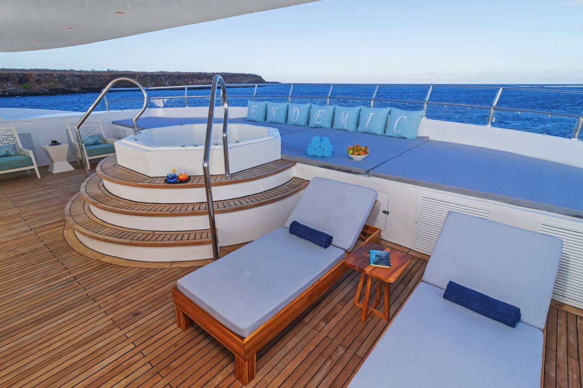 Deck of Endemic, a Gulet Power Catamaran catamaran at Baltra, Ecuador
