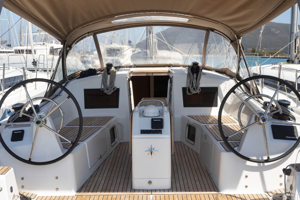 Cockpit of Elektra, a Jeanneau Sun Odyssey 410 sailboat at Municipal Unit of Lefkada, Greece