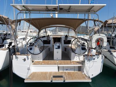 Cockpit of Elektra, a Jeanneau Sun Odyssey 410 sailboat at Municipal Unit of Lefkada, Greece