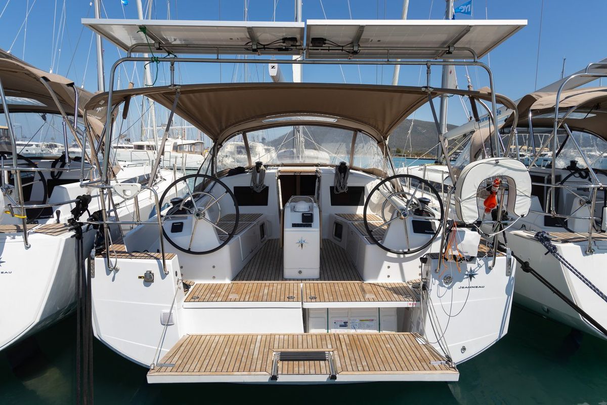 Cockpit of Elektra, a Jeanneau Sun Odyssey 410 sailboat at Municipal Unit of Lefkada, Greece