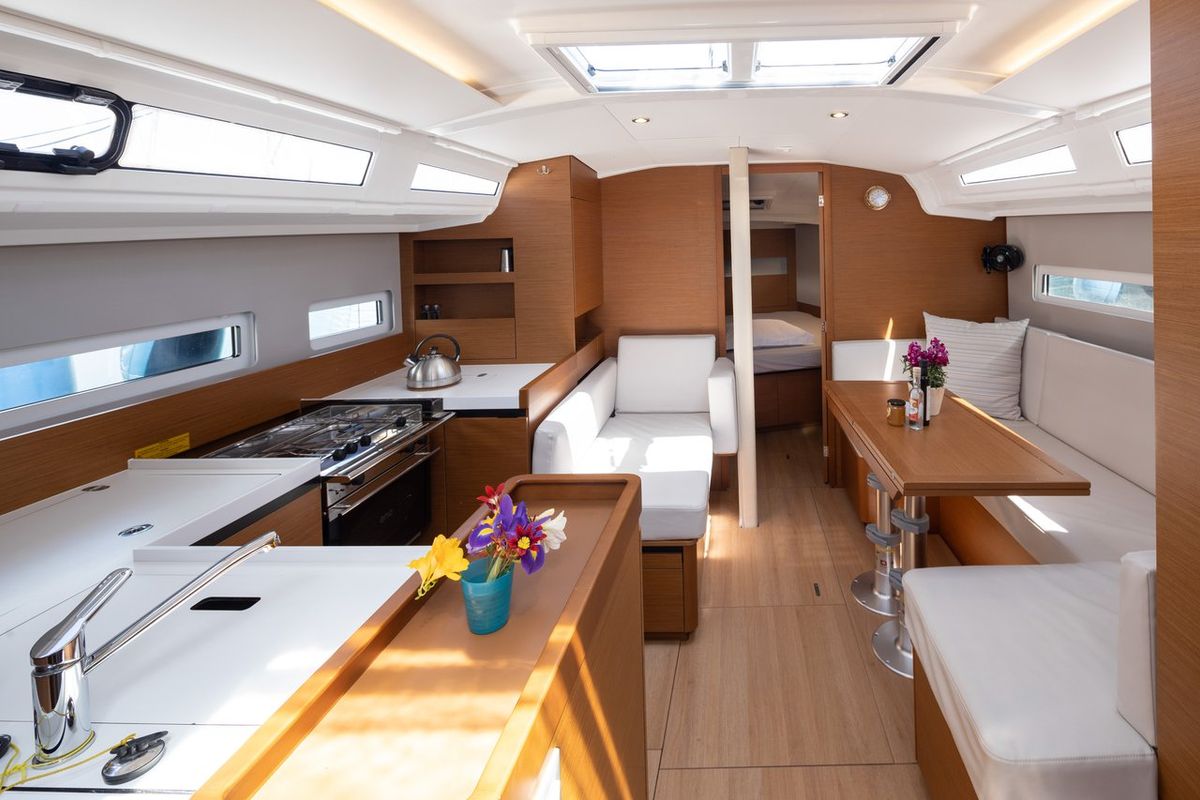 Salon of Elektra, a Jeanneau Sun Odyssey 410 sailboat at Municipal Unit of Lefkada, Greece