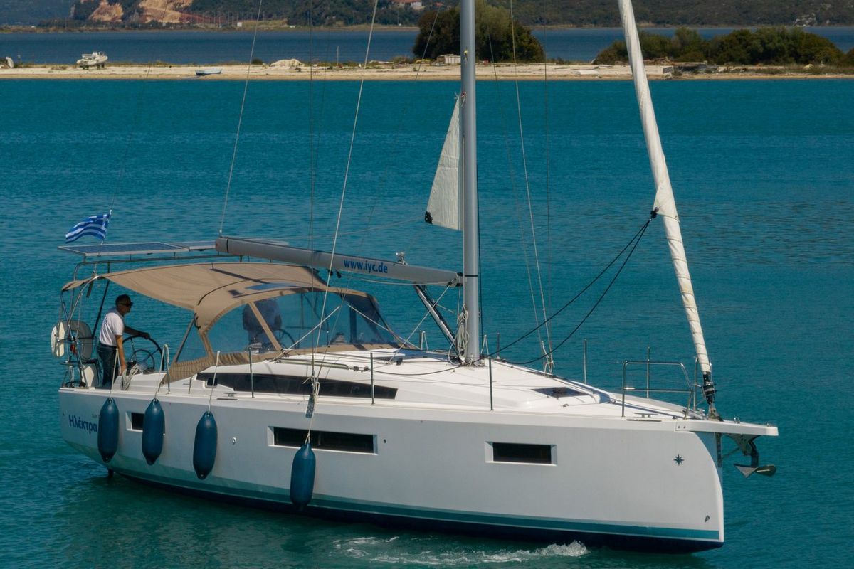 Exterior view of Elektra, a Jeanneau Sun Odyssey 410 sailboat at Municipal Unit of Lefkada, Greece