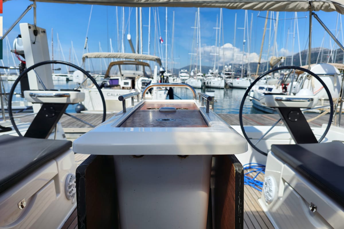 Cockpit of Largo, a Dufour 430 GL sailboat at Grad Kaštela, Croatia