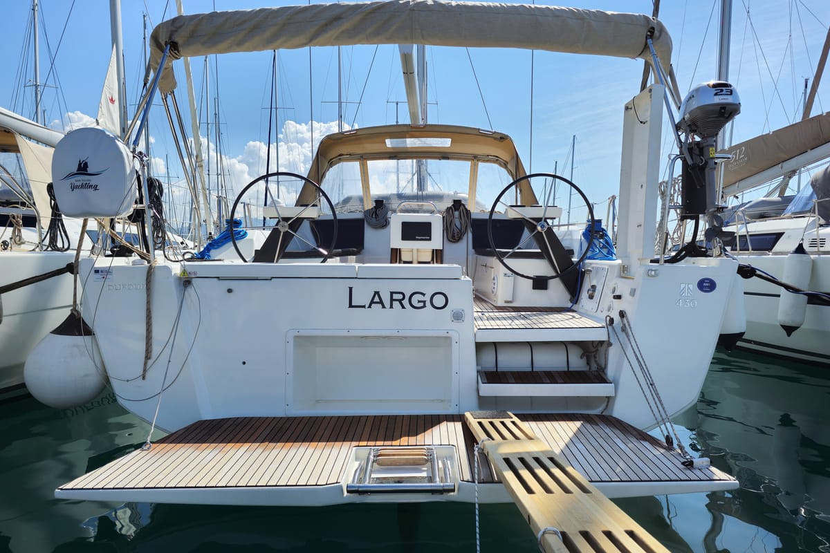 Exterior view of Largo, a Dufour 430 GL sailboat at Grad Kaštela, Croatia