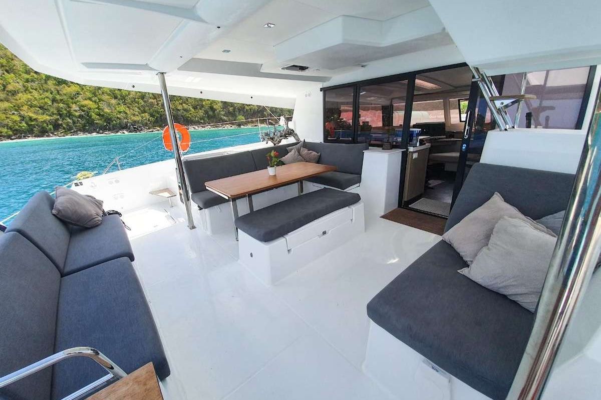 Deck of Champs-Elysees, a Fountaine Pajot Saona 47 catamaran at Road Town, British Virgin Islands