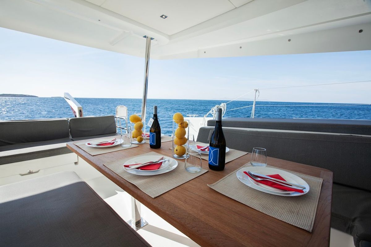 Deck of Olympus - Green Wave, a Fountaine Pajot Elba 45 catamaran at Athens, Greece