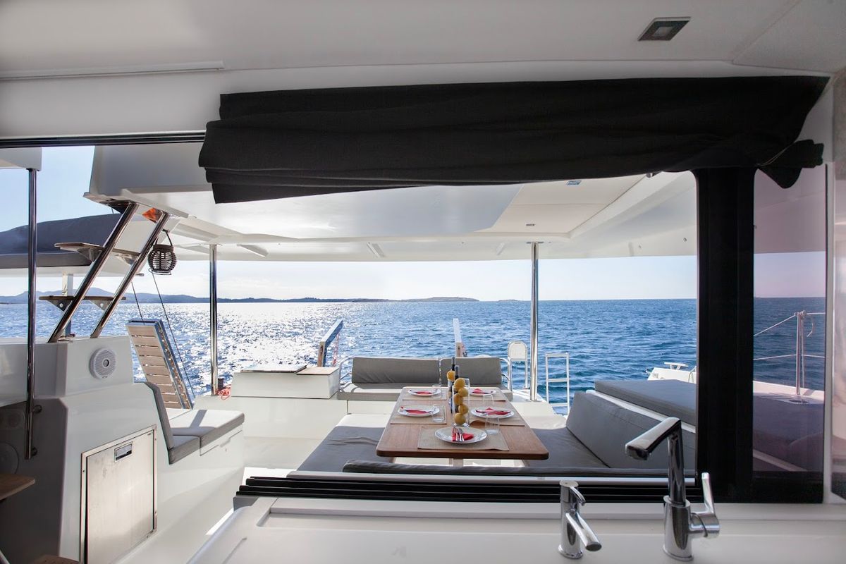 Deck of Olympus - Green Wave, a Fountaine Pajot Elba 45 catamaran at Athens, Greece