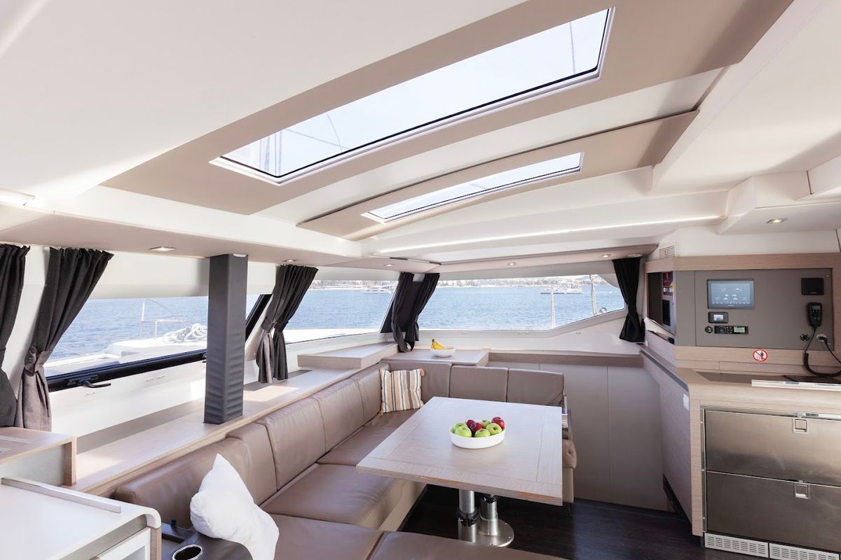 Salon of Olympus - Green Wave, a Fountaine Pajot Elba 45 catamaran at Athens, Greece