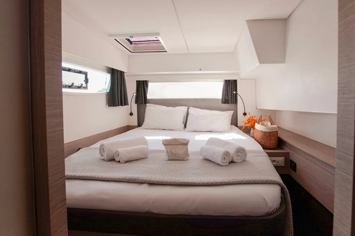 Cabin on Olympus - Green Wave, a Fountaine Pajot Elba 45 catamaran at Athens, Greece
