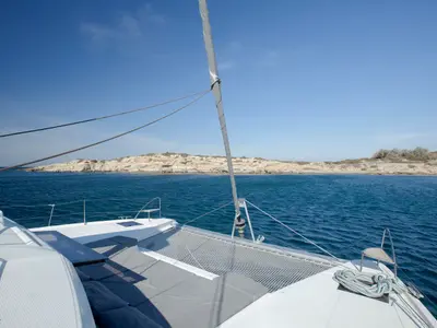 Deck of Olympus - Green Wave, a Fountaine Pajot Elba 45 catamaran at Athens, Greece