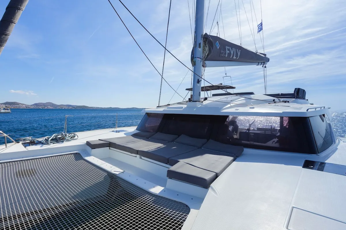 Deck of Olympus - Green Wave, a Fountaine Pajot Elba 45 catamaran at Athens, Greece