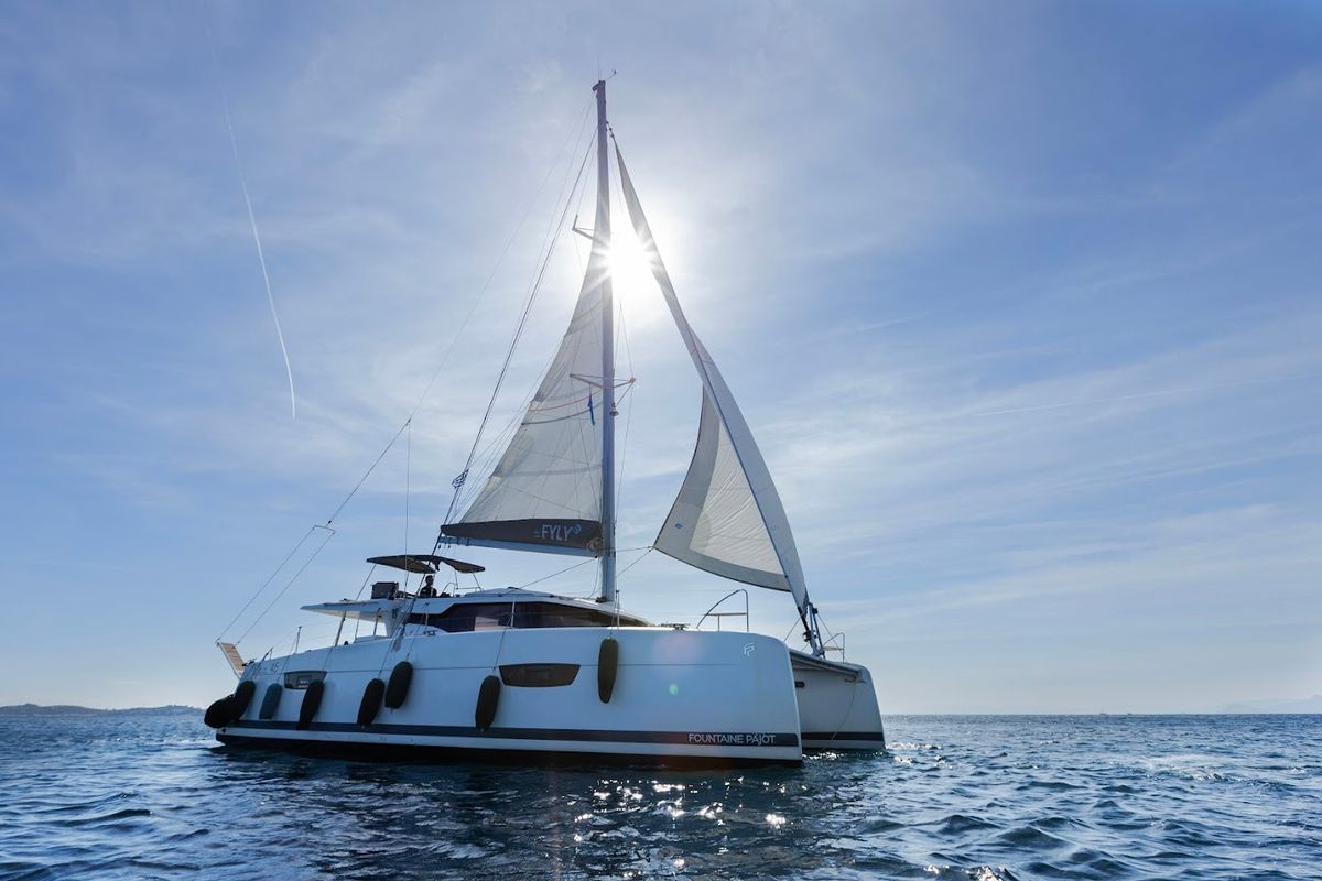 Exterior view of Olympus - Green Wave, a Fountaine Pajot Elba 45 catamaran at Athens, Greece