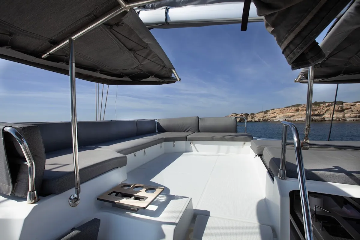 Deck of Olympus - Green Wave, a Fountaine Pajot Elba 45 catamaran at Athens, Greece