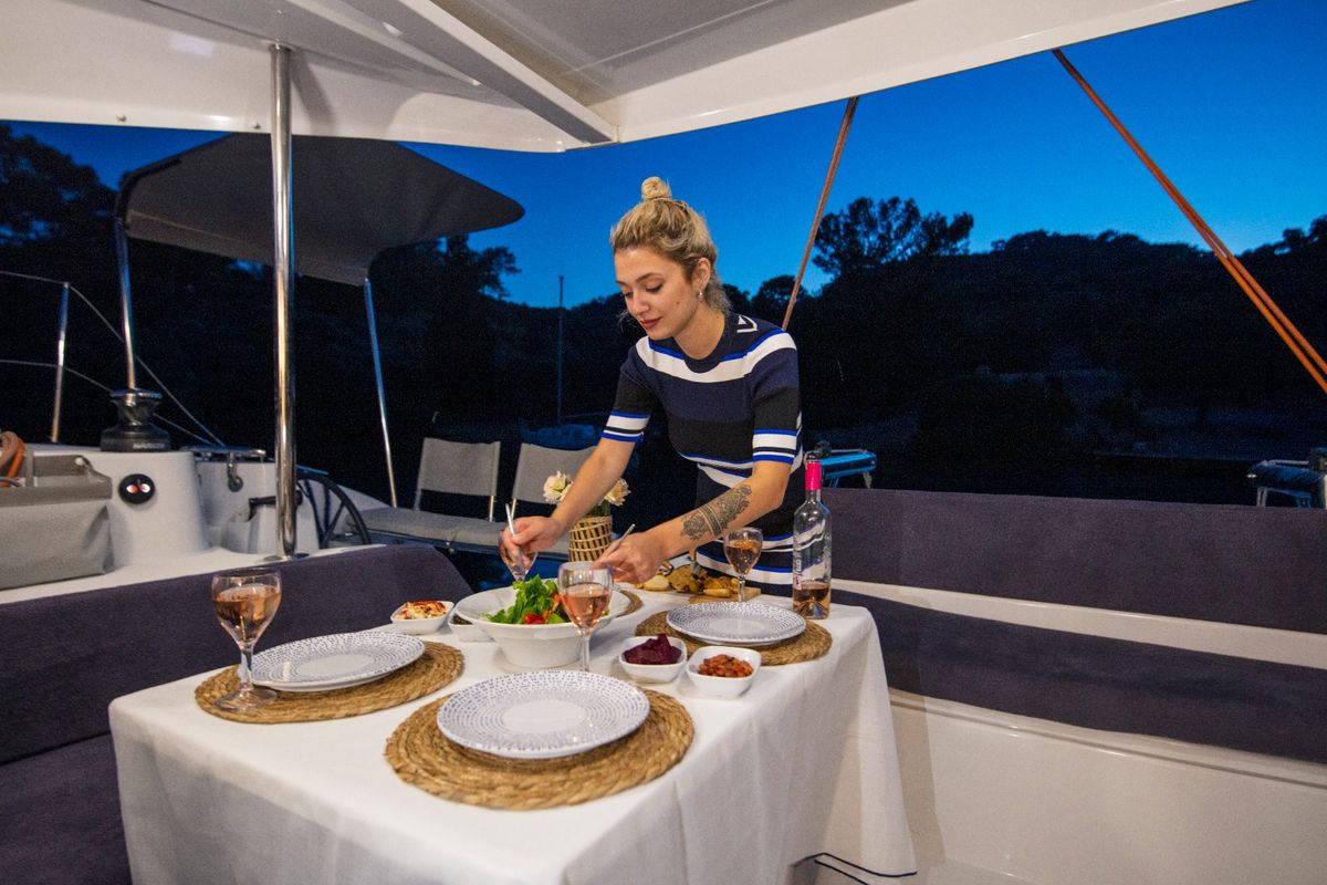 Deck of Lizzy, a Excess 11 - 4 + 1 + 1 cab. catamaran at Fethiye, Turkey