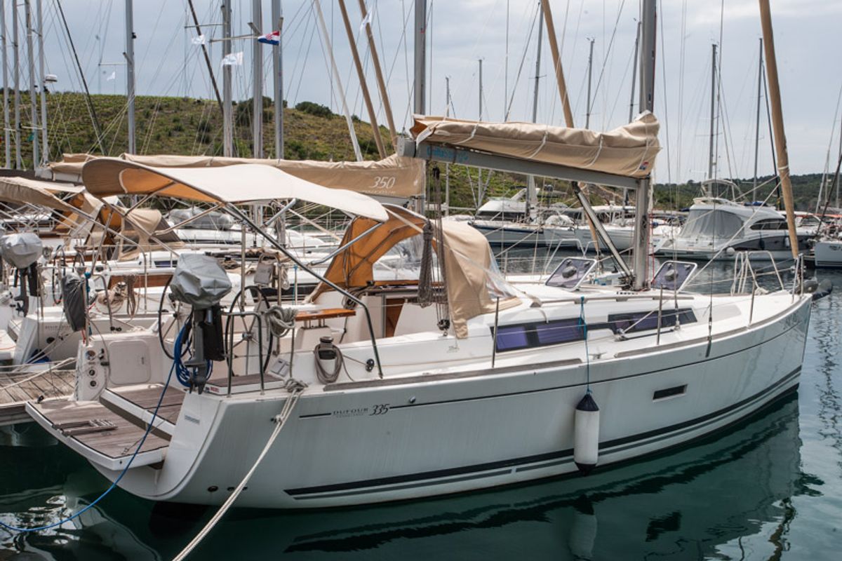 Exterior view of Pippi, a Dufour 335 Grand Large sailboat at Primošten, Croatia