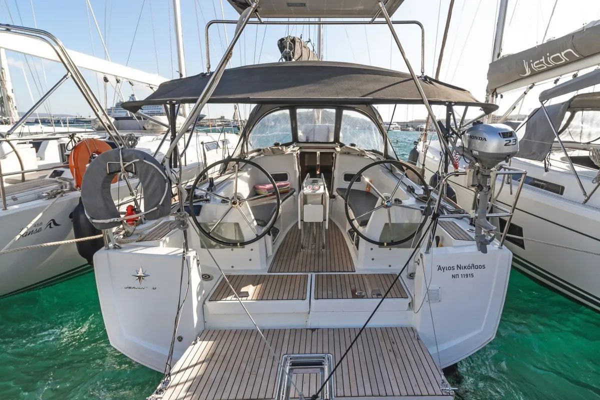 Deck of AGIOS NIKOLAOS, a Jeanneau Sun Odyssey 349 sailboat at Volos Municipality, Greece