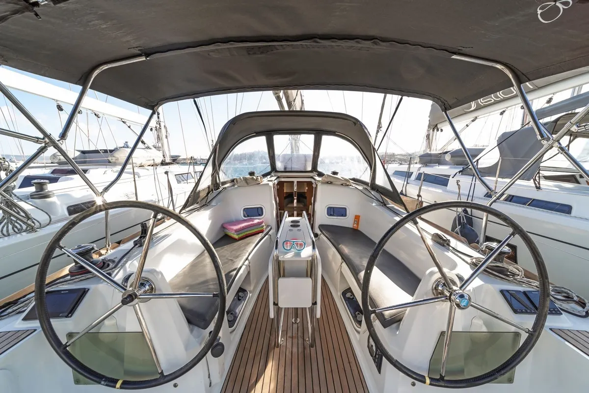 Cockpit of AGIOS NIKOLAOS, a Jeanneau Sun Odyssey 349 sailboat at Volos Municipality, Greece