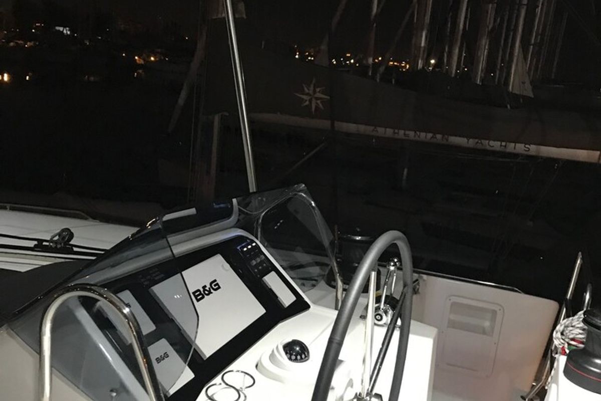 Cockpit of Solstice, a Lagoon 450 F catamaran at Athens, Greece