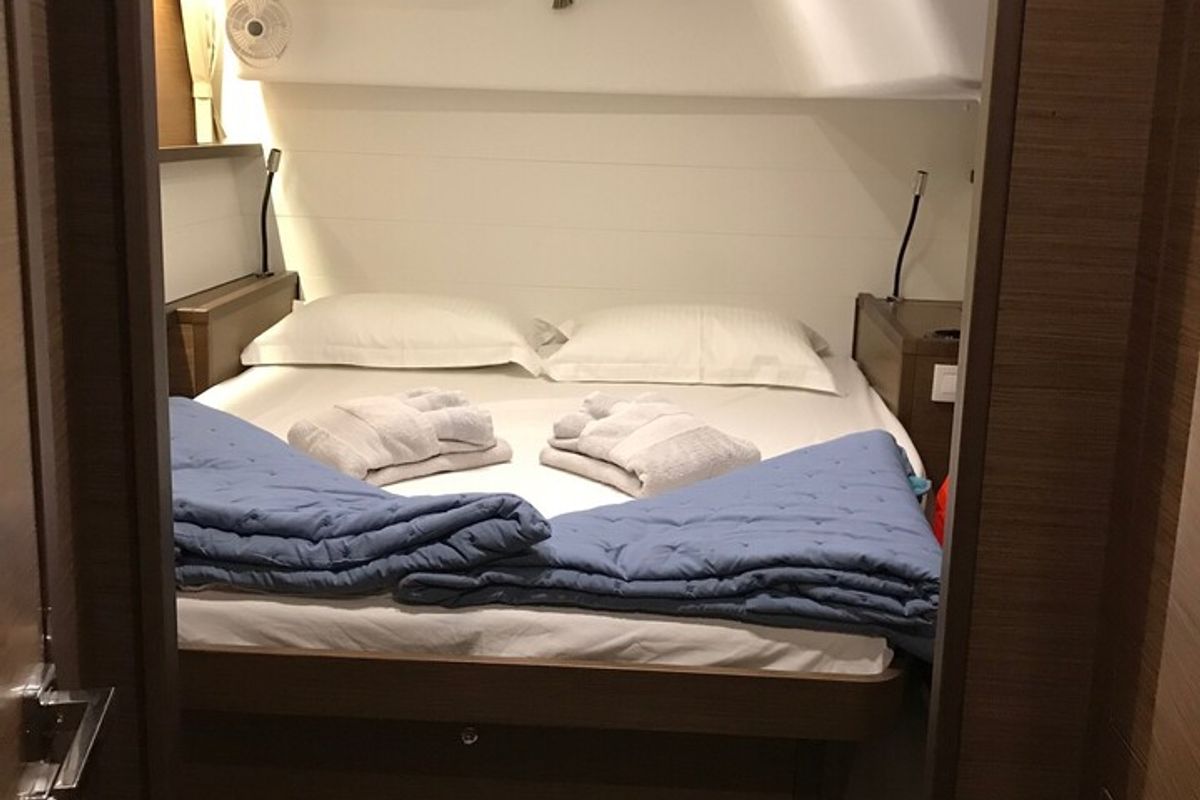 Cabin on Solstice, a Lagoon 450 F catamaran at Athens, Greece