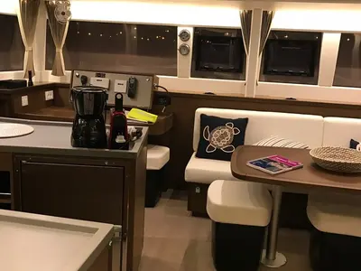 Salon of Solstice, a Lagoon 450 F catamaran at Athens, Greece