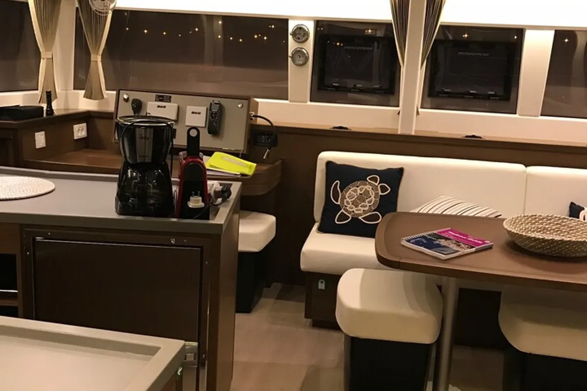 Salon of Solstice, a Lagoon 450 F catamaran at Athens, Greece