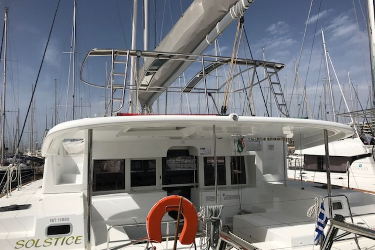 Exterior view of Solstice, a Lagoon 450 F catamaran at Athens, Greece
