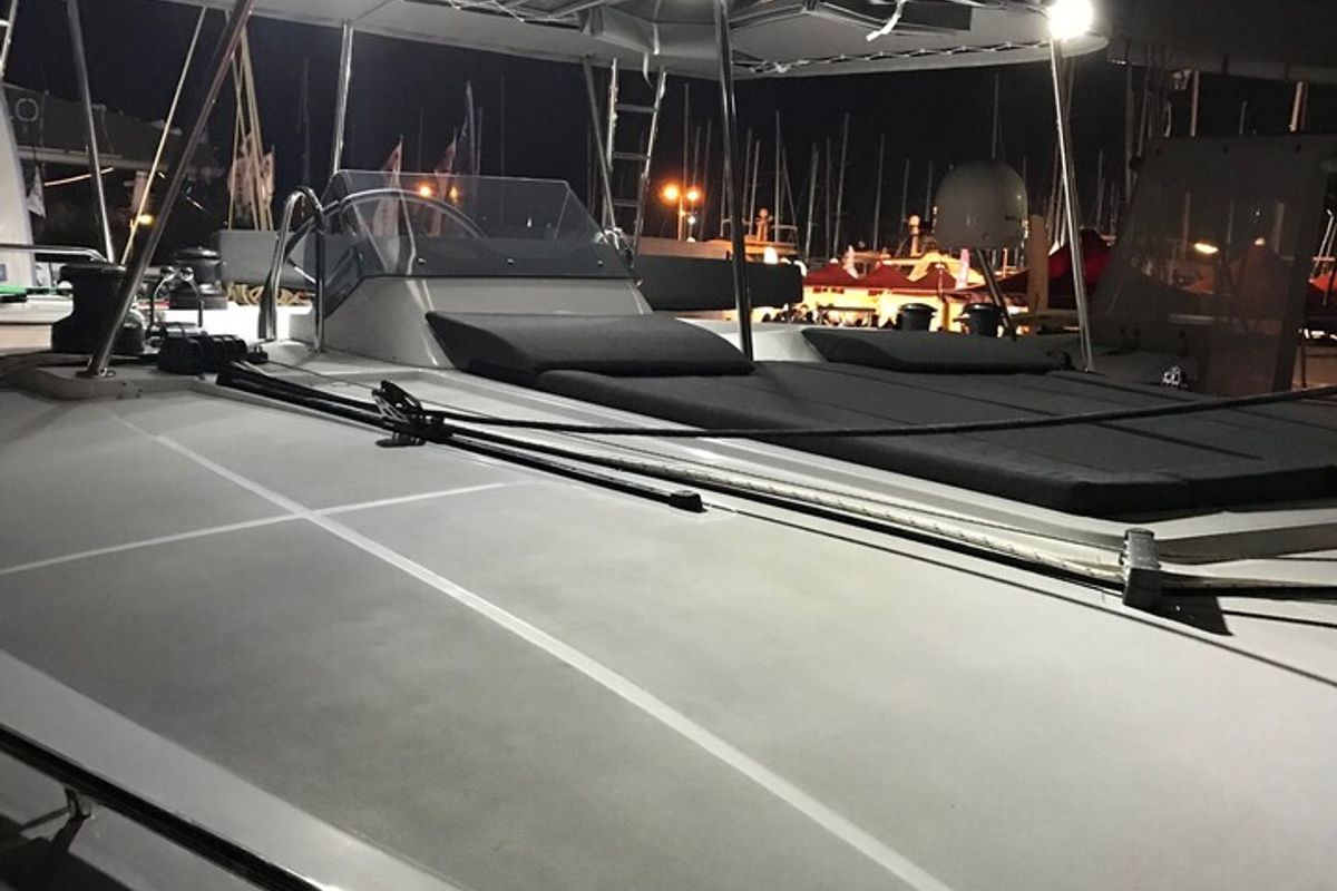 Deck of Solstice, a Lagoon 450 F catamaran at Athens, Greece