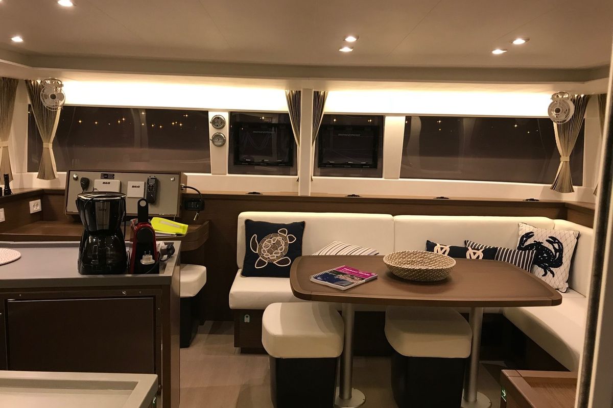 Salon of Solstice, a Lagoon 450 F catamaran at Athens, Greece