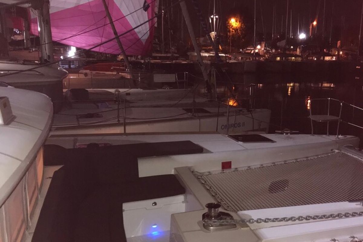 Deck of Solstice, a Lagoon 450 F catamaran at Athens, Greece