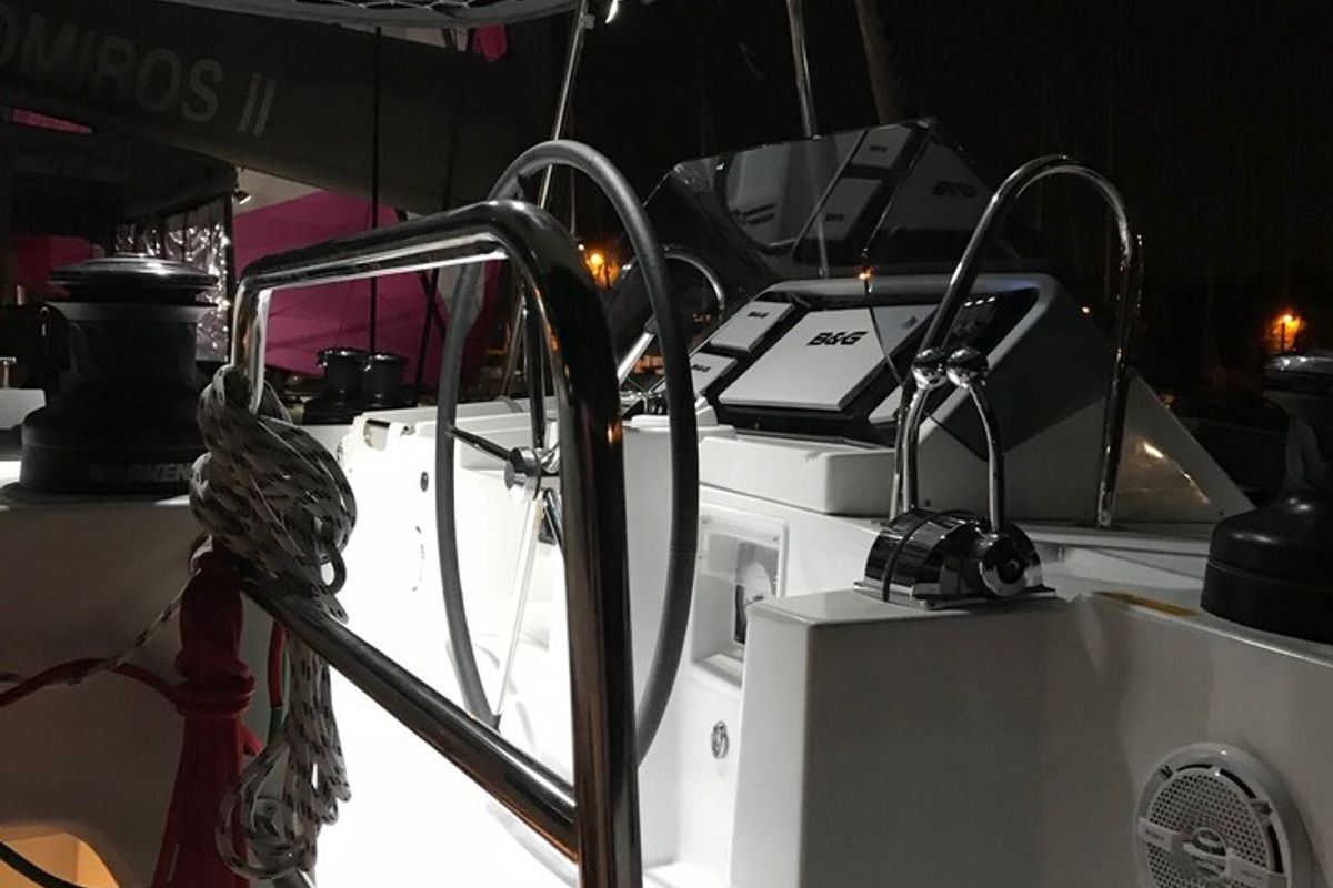 Cockpit of Solstice, a Lagoon 450 F catamaran at Athens, Greece