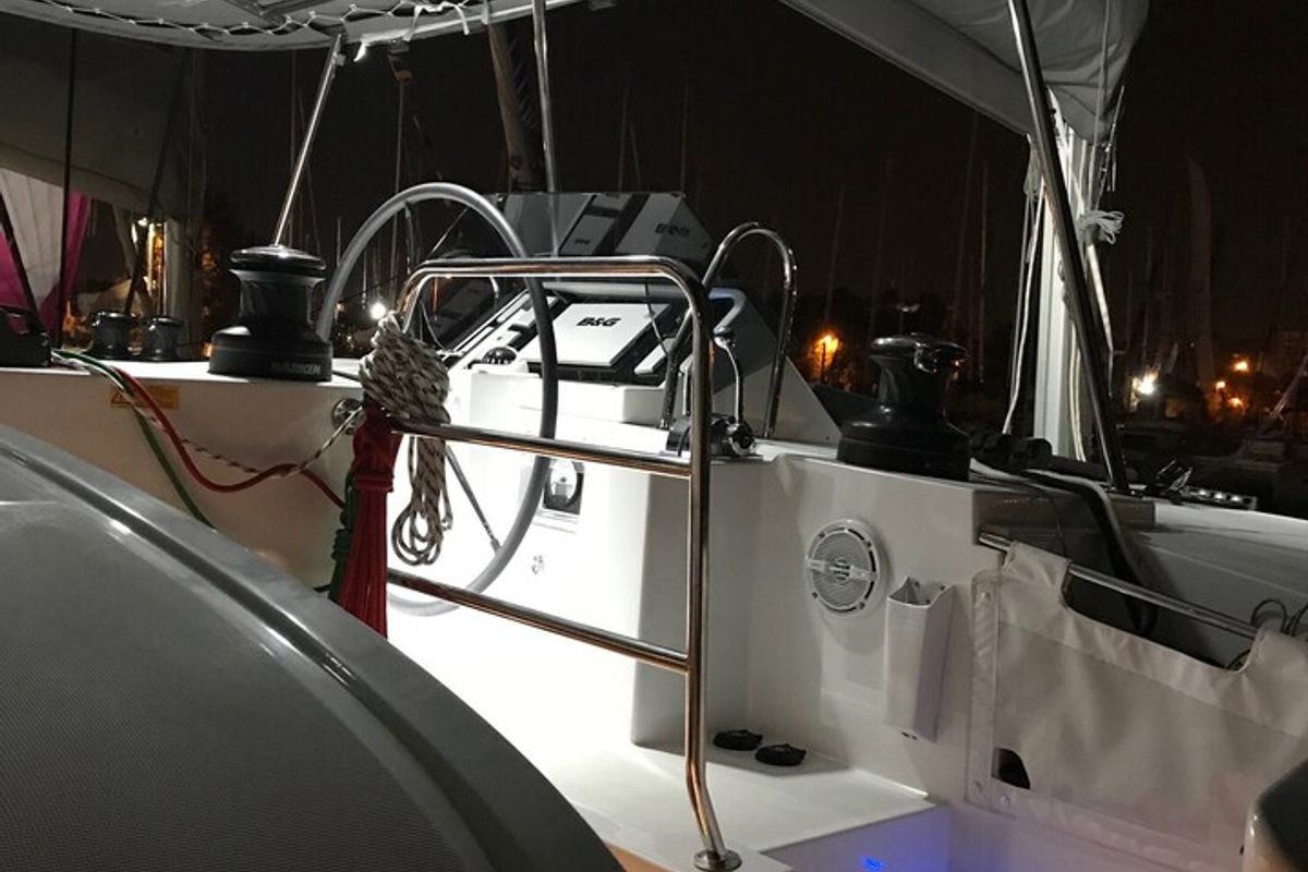 Cockpit of Solstice, a Lagoon 450 F catamaran at Athens, Greece