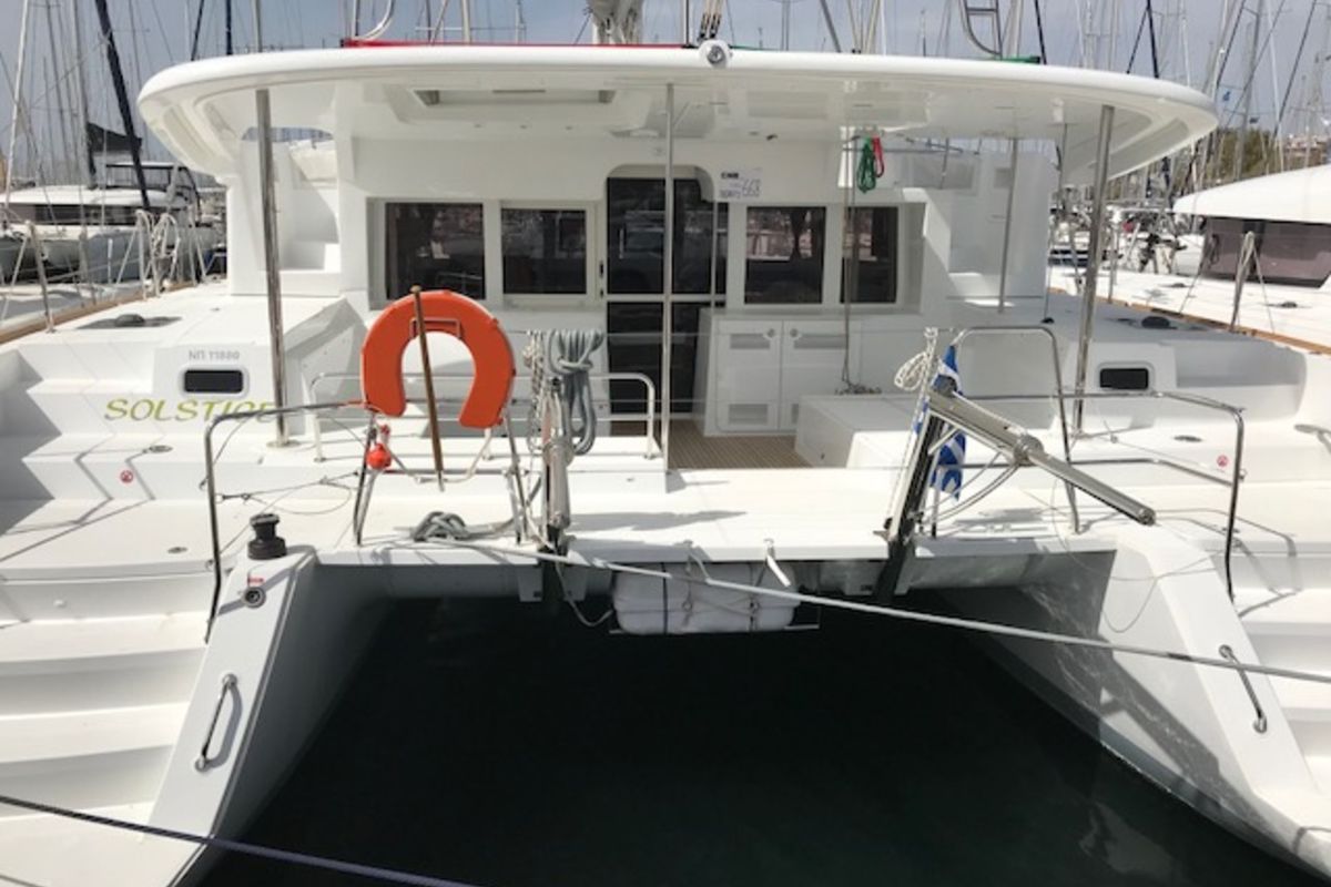 Exterior view of Solstice, a Lagoon 450 F catamaran at Athens, Greece