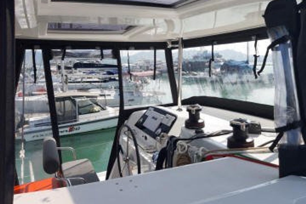Deck of Mami, a Lagoon 42 catamaran at Mai Khao, Thailand
