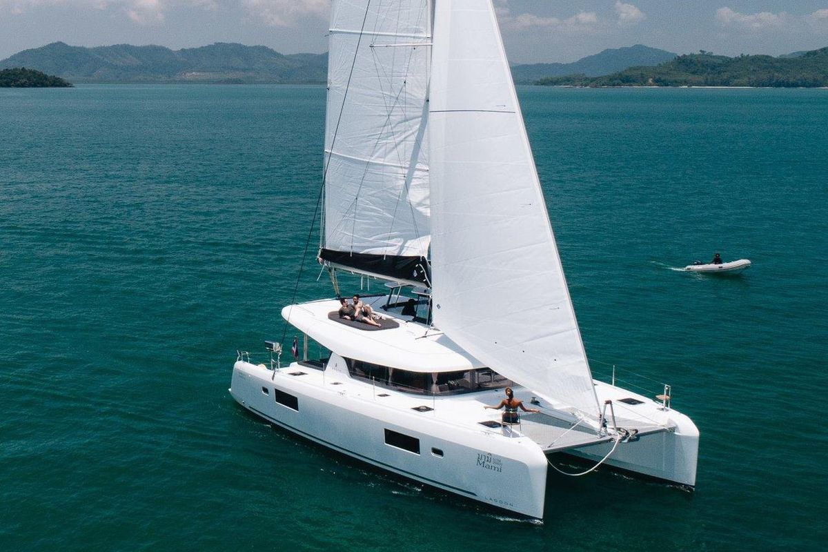 Exterior view of Mami, a Lagoon 42 catamaran at Mai Khao, Thailand
