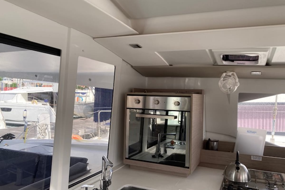 Galley of ROXY II, a Fountaine Pajot Astréa 42 catamaran at Alameda, United States