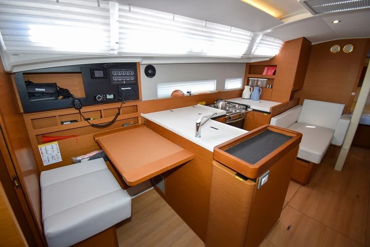 Salon of Sky Asya, a Jeanneau Sun Odyssey 410 sailboat at Marmaris, Turkey